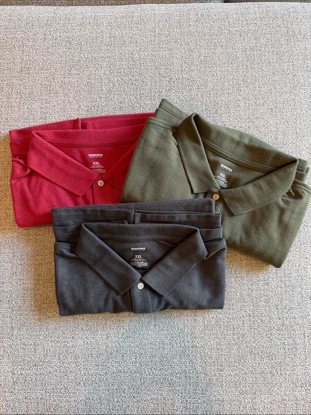 Sonoma Men’s Polo Shirt Trio in Red, Olive, and Charcoal Grey NWOT